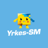 En gul, fyrkantig, tecknad gubbe med texten Yrkes-SM under sig