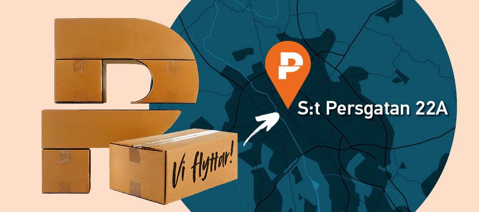 Ett P med en flyttkartong med texten vi flyttar och sen en pin på en karta med nya adressen.