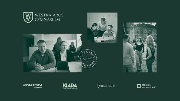 Tre olika bilder med elever tillsammans med logotypen för Westra Aros Gymnasium, Praktiska Gymnasiet, Klara Teoretiska Gymnasium, NTI Gymnasiet samt Designgymnasiet.